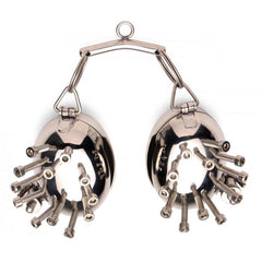 Polished stainless steel Scrotum Egg Shells with Spikes connected by top ring bar, front view