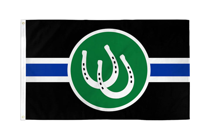 Pony Pride Flag 3x5 polyester with green circle, two white horseshoes, blue and white stripes on black
