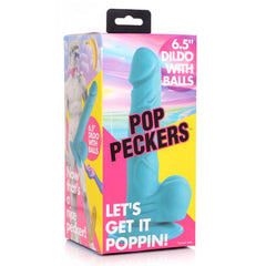 Pop Peckers 6.5-inch dildo with balls in colorful retail packaging by XR LLC