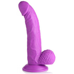 Pop Peckers 7.5" purple dildo with balls and suction cup base, side angle view