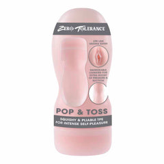 Pop & Toss stroker in retail packaging showing life-like vaginal entry and product details