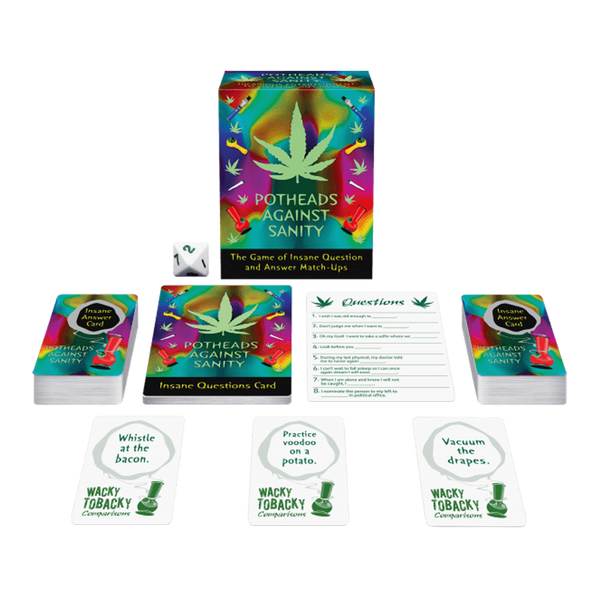 Potheads Against Sanity card game box with question cards, answer cards, and die displayed