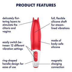 Power Flower feature callout diagram highlighting 12 vibration settings and magnetic charging
