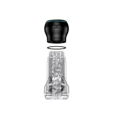 Powerblow Pocket Stroker Crystal exploded view showing black motor unit, sealing ring, and clear textured sleeve