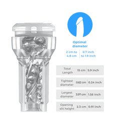 Powerblow Pocket Stroker Crystal sleeve with dimension specs: 15 cm length, 0.62–3.97 cm diameter range