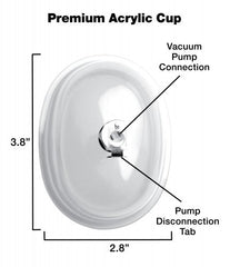 Premium acrylic pussy cup bottom view with labelled vacuum connection and release tab, 3.8x2.8in