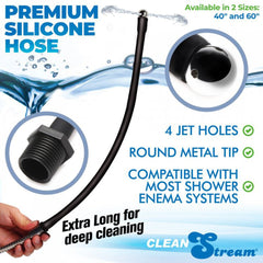 Premium Silicone Hose infographic highlighting 4 jet holes, round metal tip, and shower compatibility