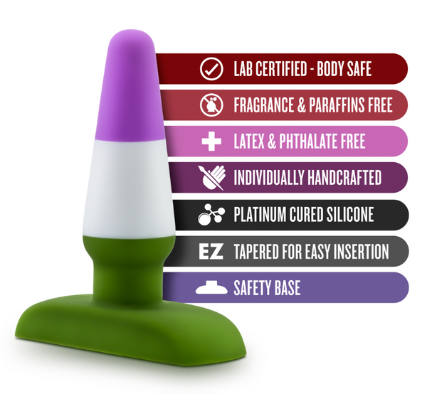 Pride P6 Beyond plug with feature callouts: body-safe, platinum silicone, safety base