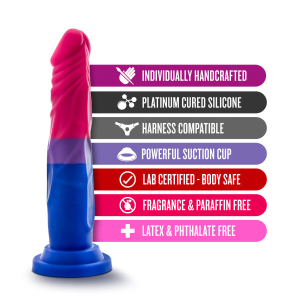 Pride P8 feature callouts: platinum cured silicone, suction cup, harness compatible