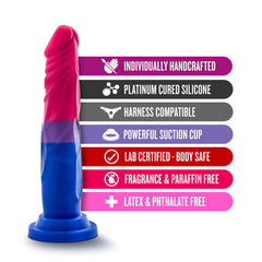Pride P8 feature callouts: platinum cured silicone, suction cup, harness compatible