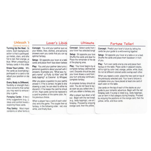 Printed game instruction panels showing four play modes including Fortune Teller and Lover's Libido