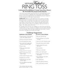 Printed instruction sheet listing drinking and activity challenge suggestions for Ring Toss game