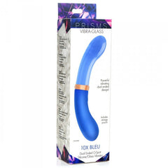 Prisms Vibra-Glass 10X Bleu G-spot vibrator shown beside its retail packaging box