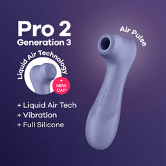 Pro 2 Generation 3 lilac vibrator with Liquid Air Tech, vibration, and full silicone callouts