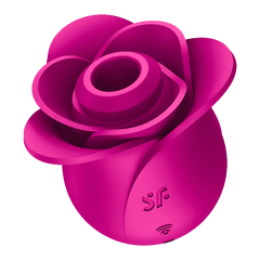 Close-up of Pro 2 Modern Blossom full-silicone rose vibrator in deep pink with SF logo