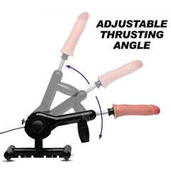 Pro-Bang floor-mounted sex machine showing adjustable thrusting angle range with blue arrows