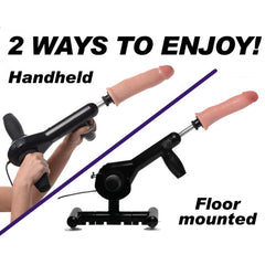 Pro-Bang Sex Machine displayed two ways: handheld grip mode and floor-mounted stand mode
