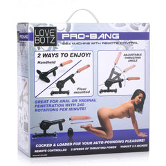Pro-Bang Sex Machine retail box showing 240 RPM, 5 speeds, 2.5-inch thrust, remote controlled