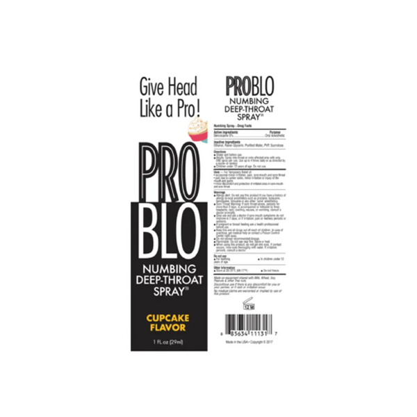 ProBlo Numbing Deep-Throat Spray flat label view, cupcake flavour, 1 fl oz portable size