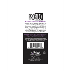 Close-up of Problo Oral Pleasure Gel back label detailing blue raspberry flavor and ingredient list