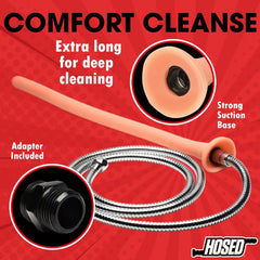 Product feature graphic showing suction base, included adapter, and extra-long slim nozzle