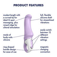 Product features diagram of Charming Smile highlighting curved tip, 12 vibration settings, and magnetic charging