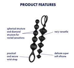 Product features diagram of Love Beads set highlighting wrist strap and silicone texture