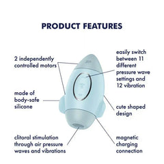 Product features diagram of Mission Control showing 2 motors and 11 pressure wave settings