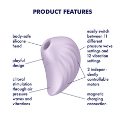Product features diagram of Pearl Diver showing 11 pressure wave settings and 12 vibration modes