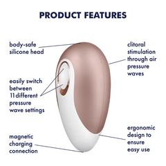 Product features diagram of Satisfyer Deluxe: 11 pressure wave settings, magnetic charging, silicone head