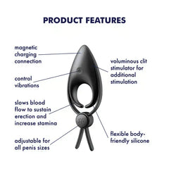 Product features diagram of Sniper Ring Vibrator highlighting magnetic charging and flexible silicone