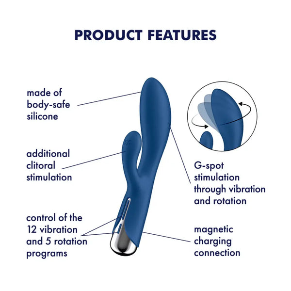 Product features diagram of Spinning Rabbit 1 labelling silicone material, 12 vibration modes