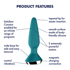 Product features diagram of teal anal plug highlighting tapered tip and dual motors
