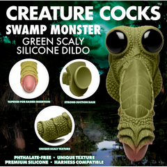 Product features graphic showing tapered tip, suction base, and unique scaly texture of Swamp Monster