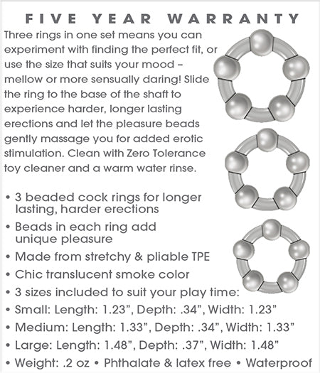Product info card listing dimensions, five-year warranty, and beaded ring illustrations for size reference