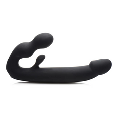 Profile view of black silicone strapless strap-on showing curved shaft and bulbed anchor end