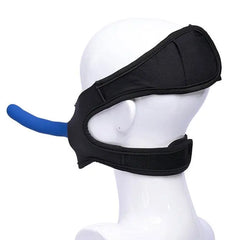 Profile view on mannequin showing harness fit across lower face with blue dildo extending forward