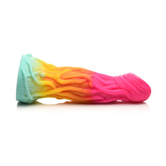 Profile view of Shape Shifter silicone dildo showing tapered tip, textured body, and teal suction base