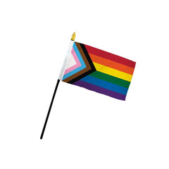 Progress Pride 4x6 stick flag with chevron stripes on a black plastic pole