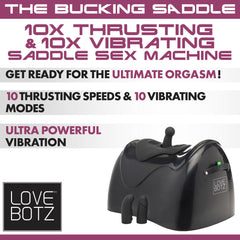 Promotional graphic highlighting 10 thrusting speeds and 10 vibrating modes for the saddle
