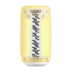 PUFFY Custard Yellow cross-section revealing layered internal texture sleeve with ridged stimulation canal
