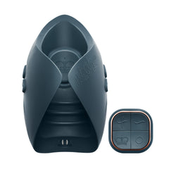 Pulse Duo open-chamber view from above with four-button wireless remote, dark teal finish