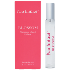 Pure Instinct Blossom pheromone-infused perfume roller in clear 9.2 mL pen with pink box