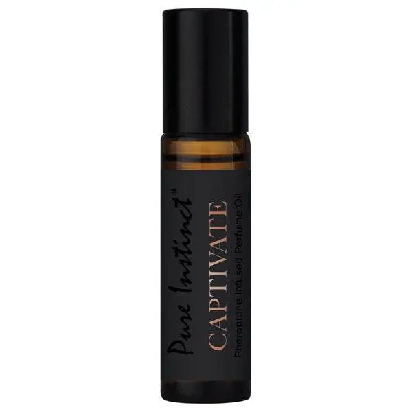 Pure Instinct Captivate amber glass roll-on bottle with black cap, isolated on white background