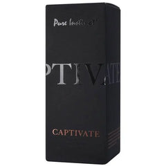 Close-up of Pure Instinct Captivate matte black box with rose-gold foil lettering