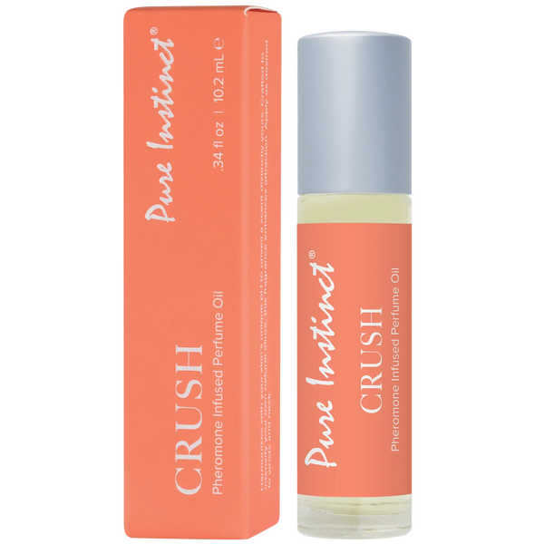 Pure Instinct Crush roll-on perfume oil in coral packaging, 10.2 ml glass bottle with roller tip