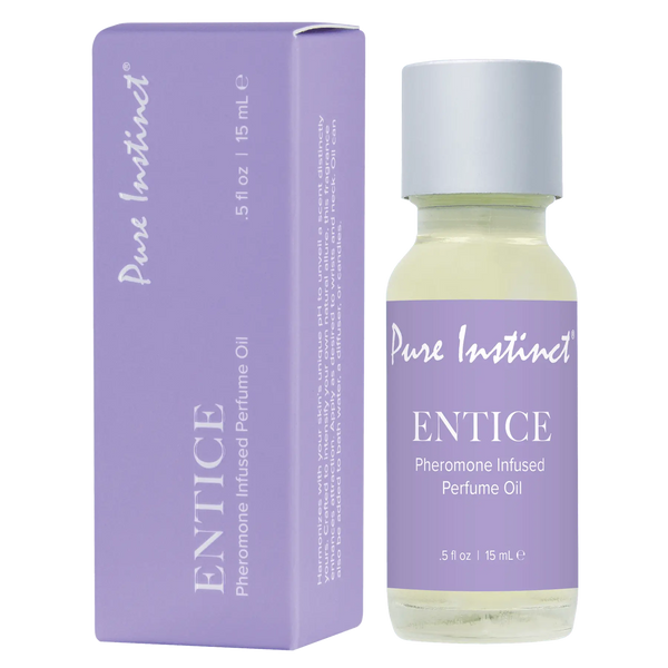 Pure Instinct Entice Pheromone Infused Perfume Oil, 15 mL bottle with lavender label and box