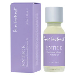 Pure Instinct Entice Pheromone Infused Perfume Oil, 15 mL bottle with lavender label and box