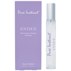 Pure Instinct Entice pheromone perfume roller in clear glass bottle beside lavender box