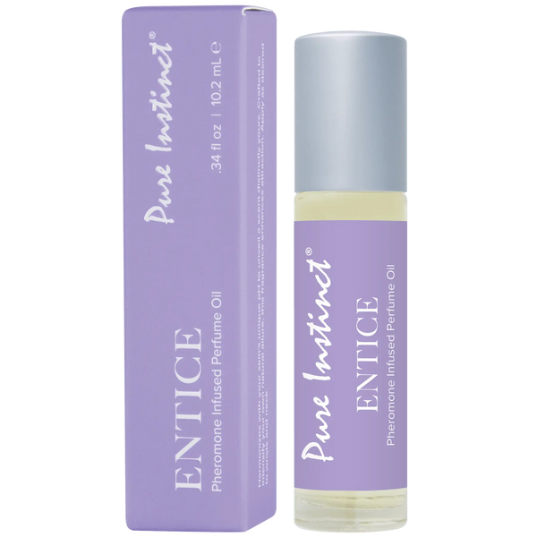 Pure Instinct Entice roll-on perfume oil in lavender packaging, 10.2 ml glass bottle